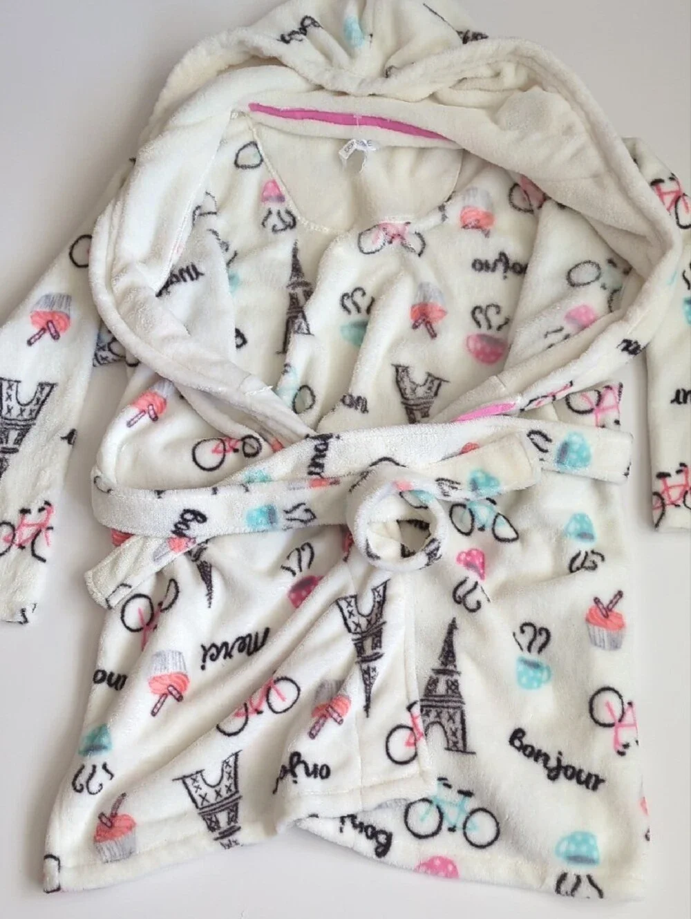 Girls' White Hooded Fleece Robe with Pink & Aqua Paris Prints